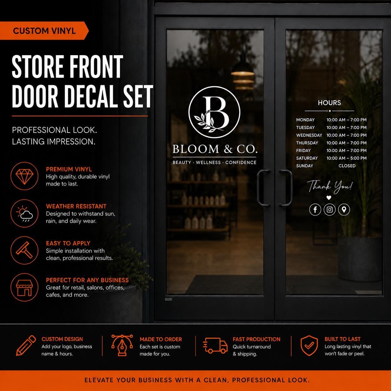 Custom Storefront Door Decal Set — Business Name Logo + Store Hours Window Decal