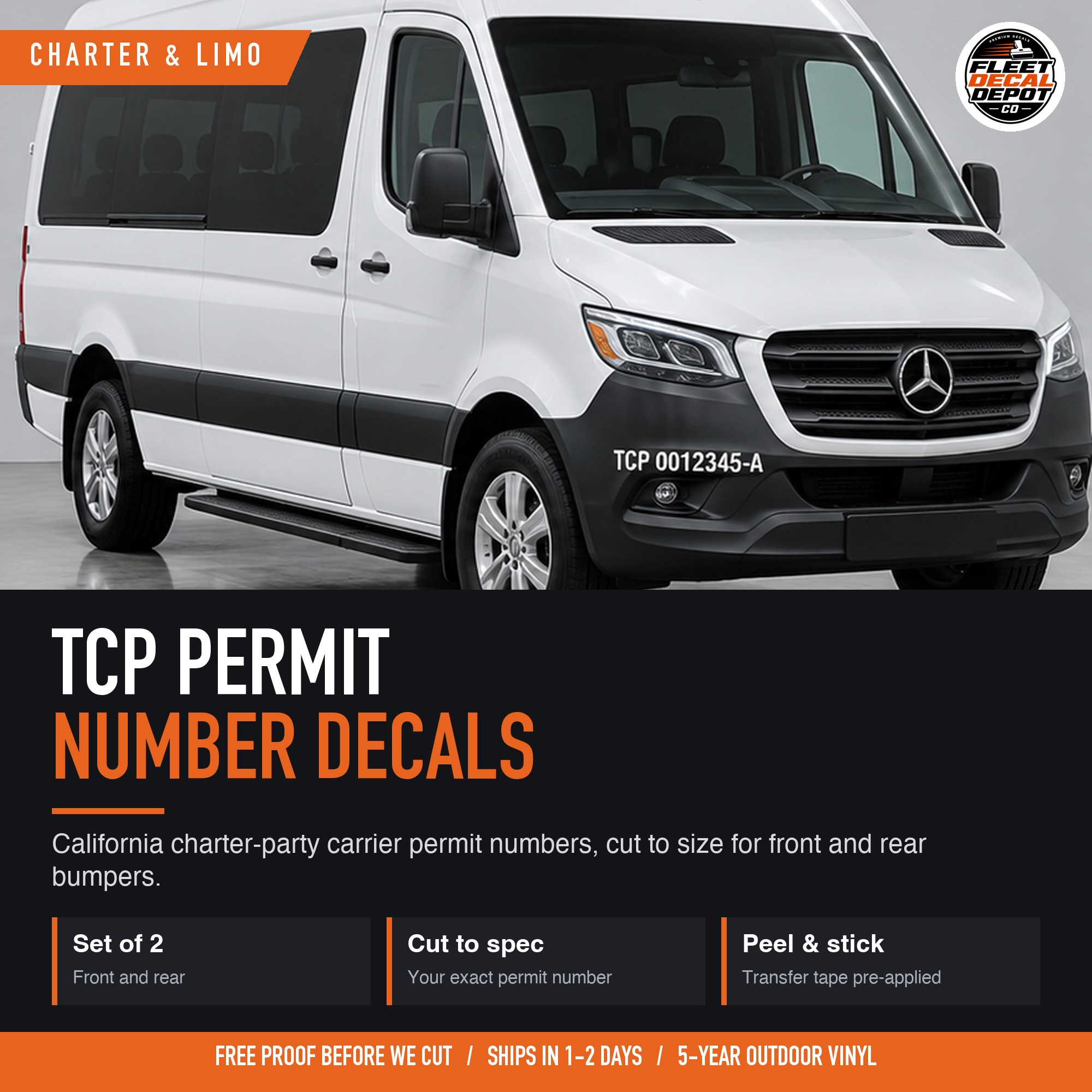 TCP Number Decal Set of 2, California Charter Party Carrier Permit Bumper Lettering for Limo Shuttle and Sprinter Vans