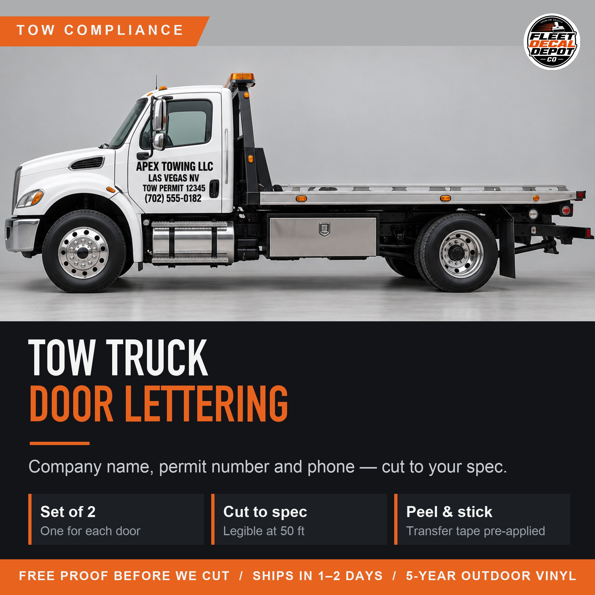 Tow Truck Door Lettering Package, Towing Company Name Phone Rates Permit Number Decal Set, Wrecker Cab Vinyl Graphics