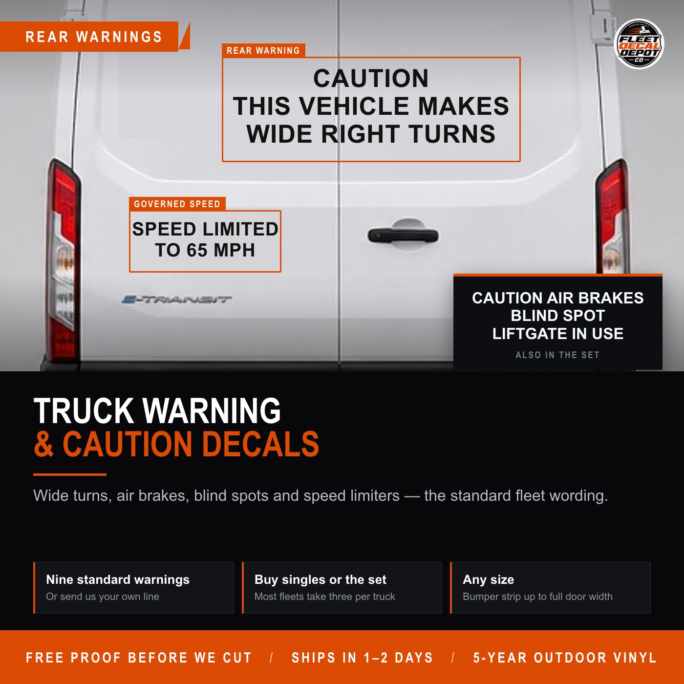 Truck Warning Decal Set, Wide Right Turns Caution Air Brakes Blind Spot Speed Limited Liftgate Stickers, Custom Fleet Safety Vinyl Labels