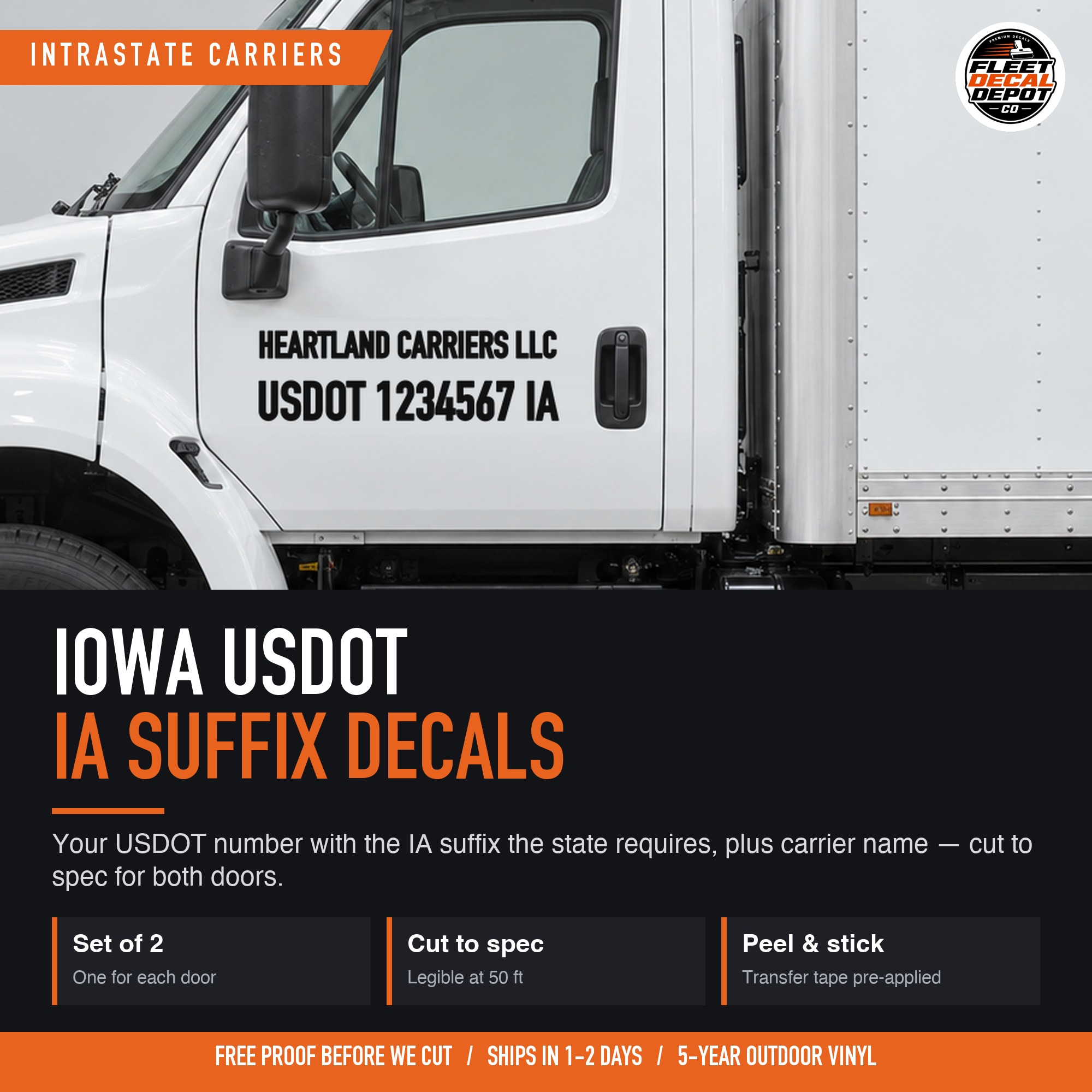 Iowa USDOT Number Decal Set of 2 with IA Suffix, Intrastate Carrier Truck Door Lettering, Custom Vinyl Sticker