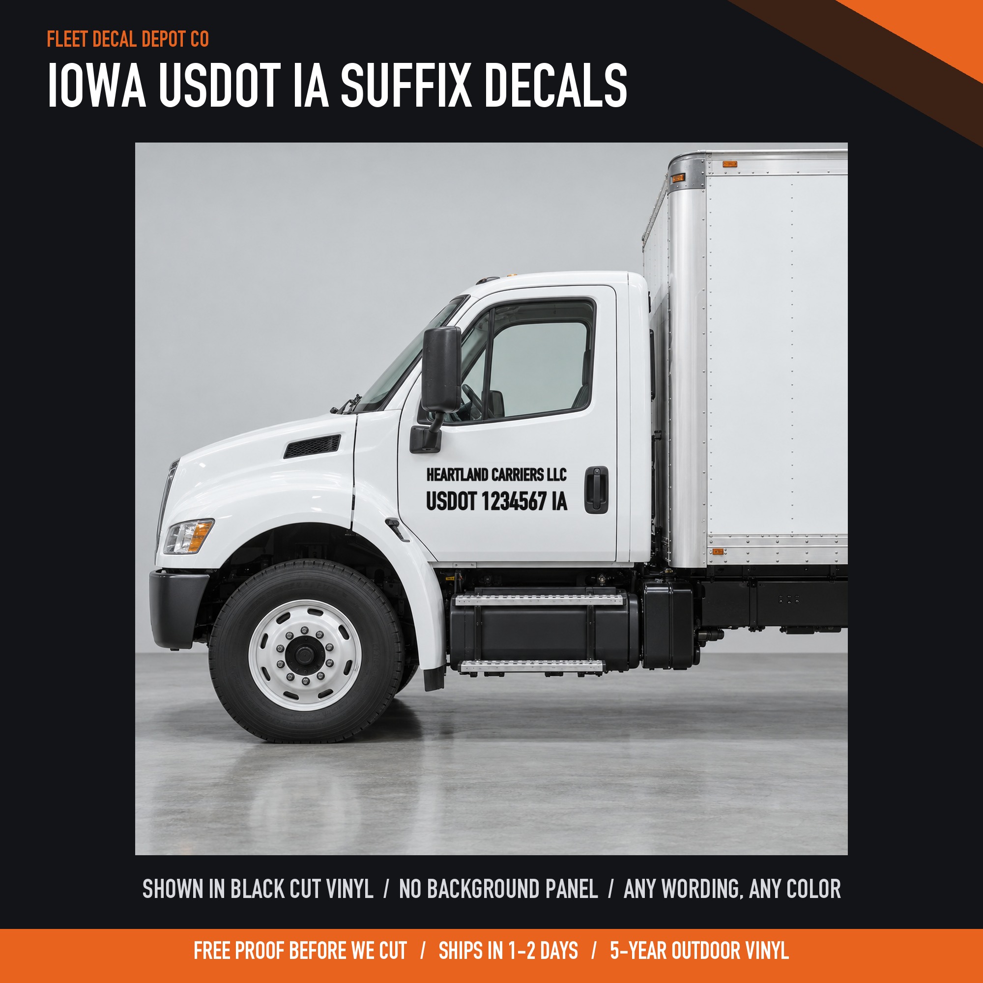 Iowa USDOT Number Decal Set of 2 with IA Suffix — shown on a commercial vehicle (product photo 2 of 2)
