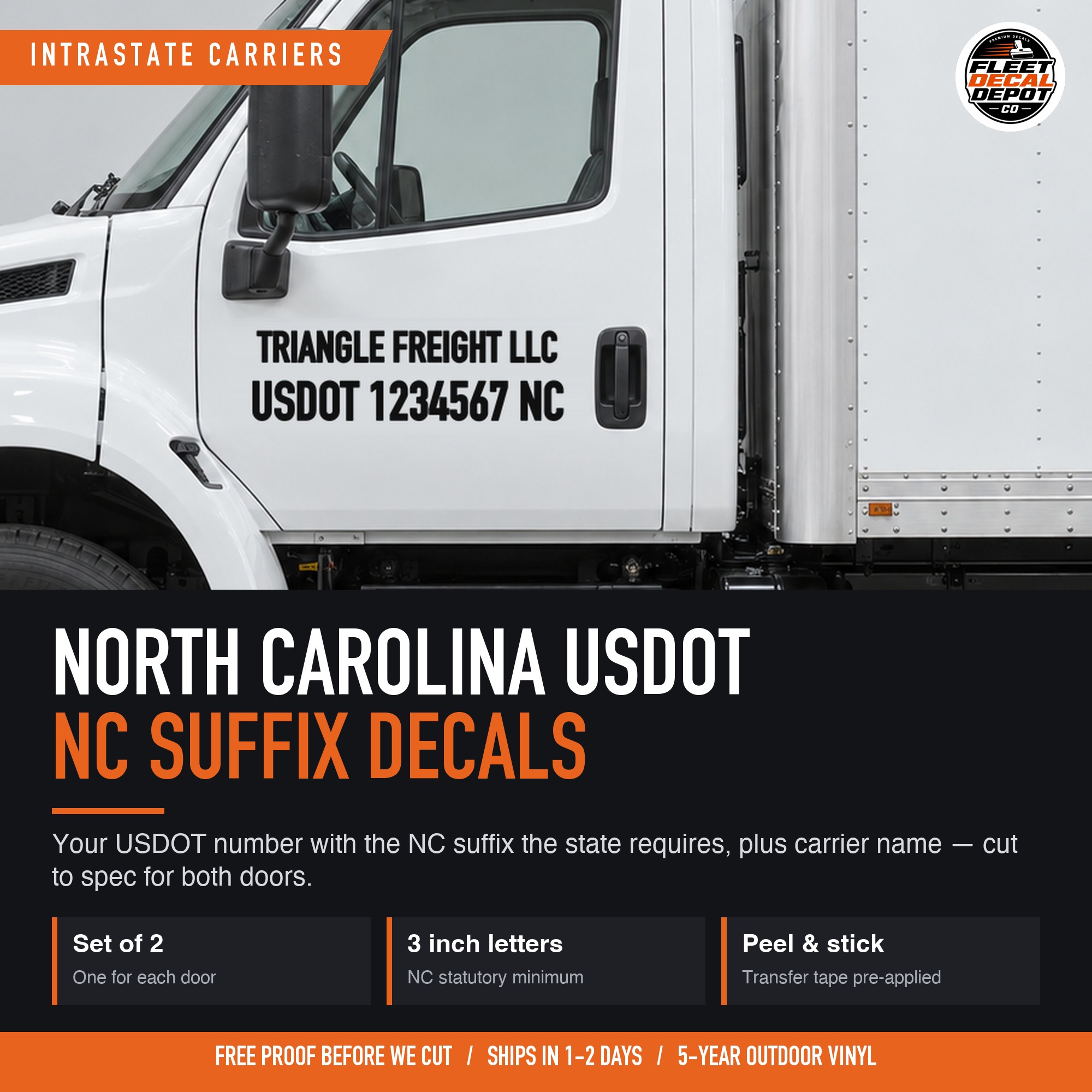 North Carolina USDOT Number Decal Set of 2 with NC Suffix, Intrastate Carrier Truck Door Lettering, Custom Vinyl Sticker