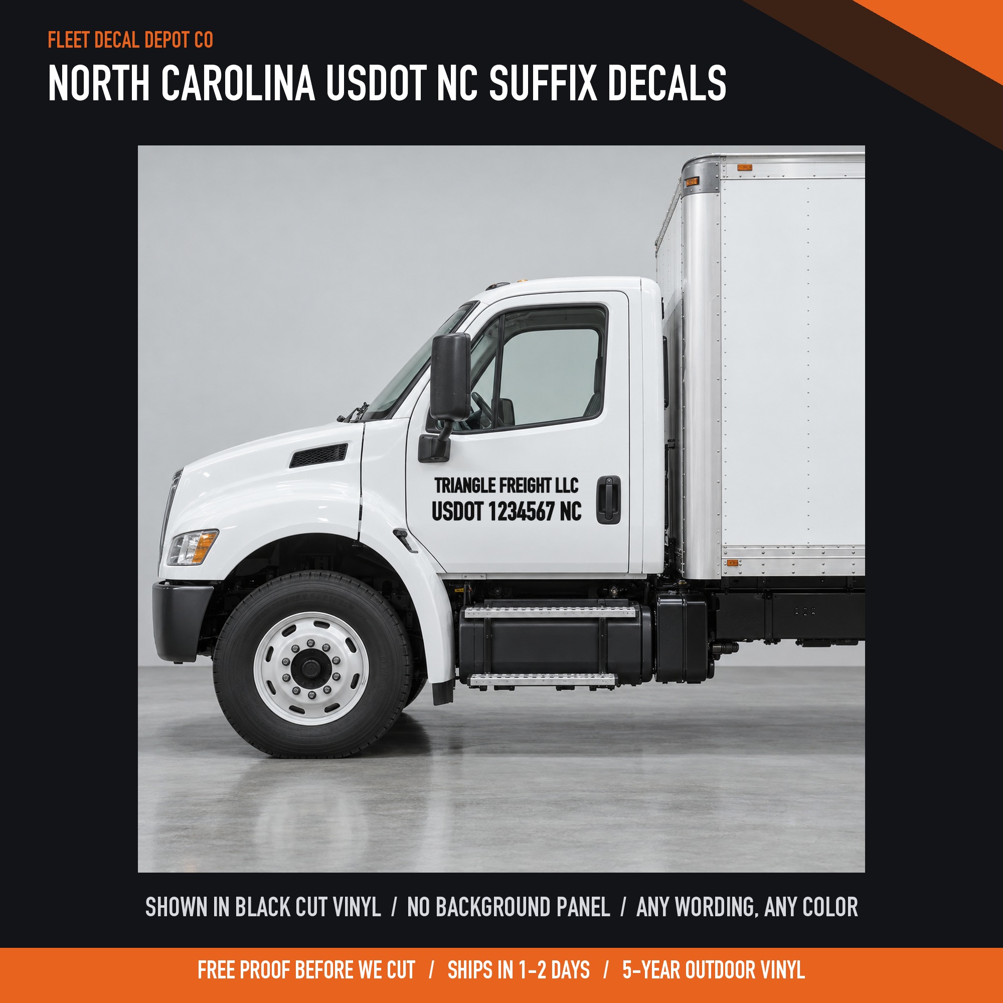 North Carolina USDOT Number Decal Set of 2 with NC Suffix — shown on a commercial vehicle (product photo 2 of 2)