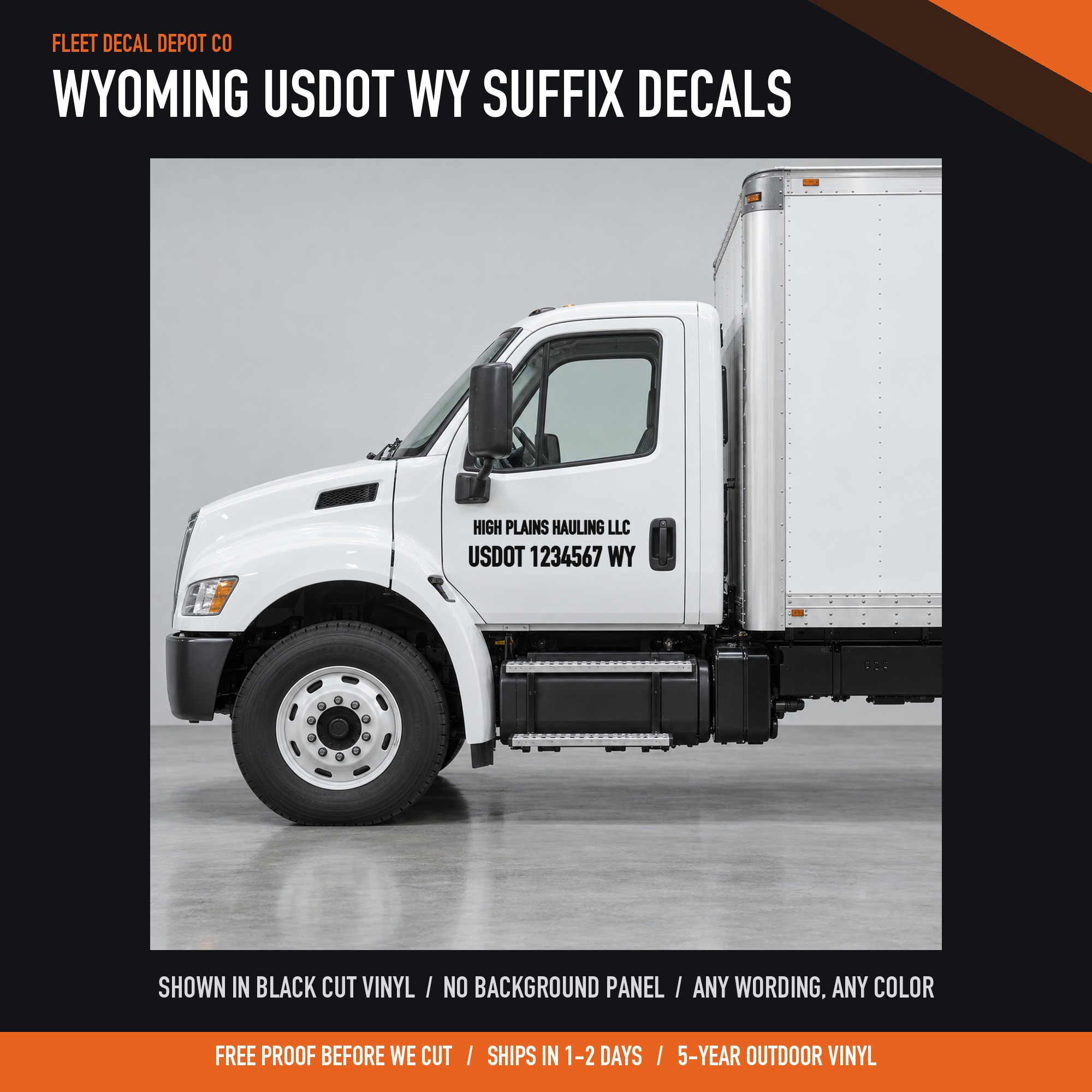 Wyoming USDOT Number Decal Set of 2 with WY Suffix — shown on a commercial vehicle (product photo 2 of 2)