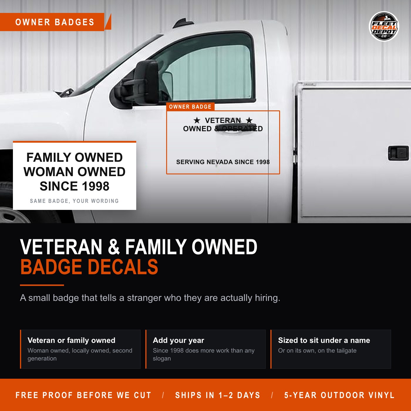 Veteran Owned Business Decal, Family Owned and Operated Truck Badge with Since Year, Custom Woman Owned Locally Owned Vinyl Sticker Set of 2